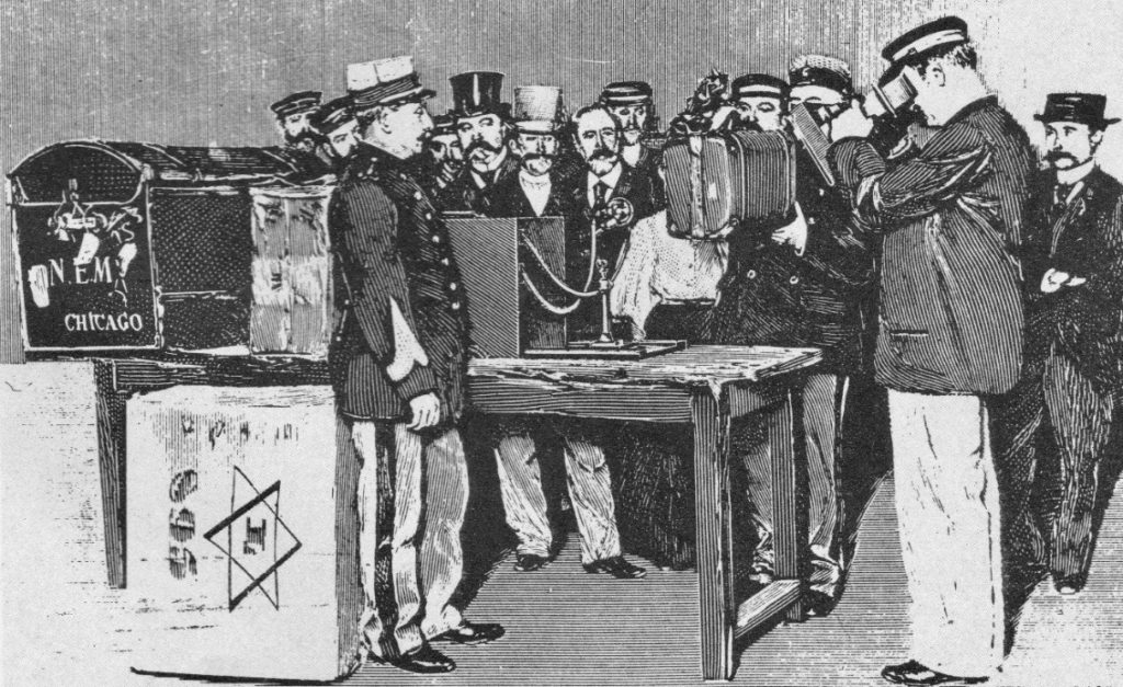 Officers of french customs using X-rays to examine passenger luggage 1897