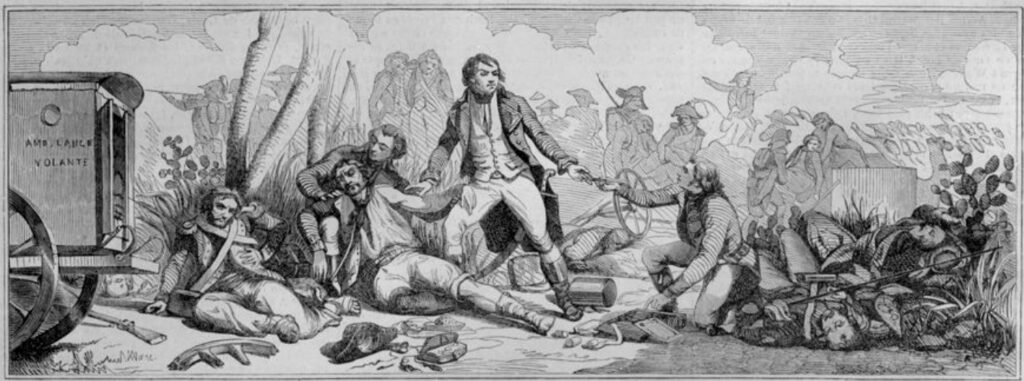 Larrey pansant les blessés sous le feu des ennemis, tableau à la cire, par Müller 1850