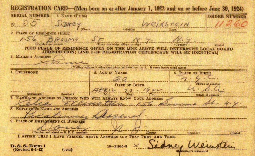 Sidney Weinstein WWII Draft card